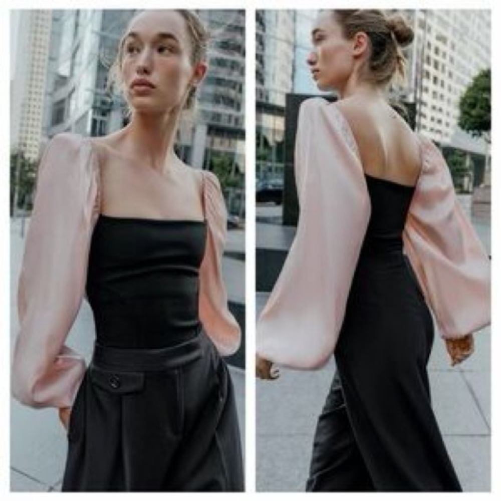 Zara contrast stretch Bodysuit with Blush Satin Sleeves blogger fav